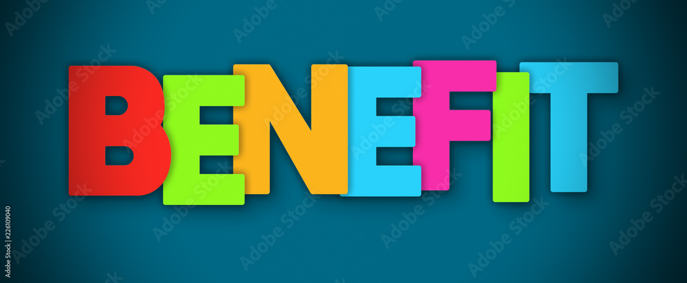 Benefit - overlapping multicolor letters written on blue background Benefit - overlapping multicolor letters written on blue background