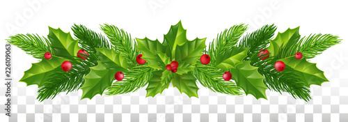 Winter Festive decor of Christmas tree branches and holly leaves with red berries. Vector illustration. Eps 10.