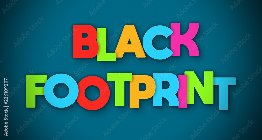 Black Footprint - overlapping multicolor letters written on blue background