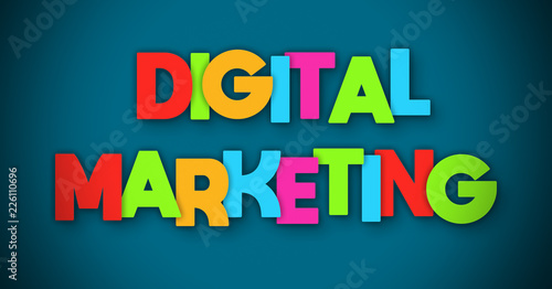 Digital Marketing - overlapping multicolor letters written on blue background