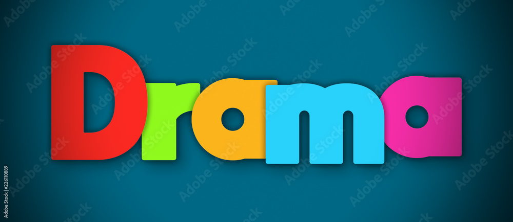 Drama - overlapping multicolor letters written on blue background Drama - overlapping multicolor letters written on blue background