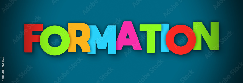 Plakat Formation - overlapping multicolor letters written on blue background