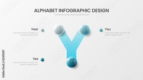 Amazing vector alphabet 3 option infographic 3D realistic colorful balls presentation. Bright multicolor character design illustration layout. Modern art Y symbol graphics visualization template.