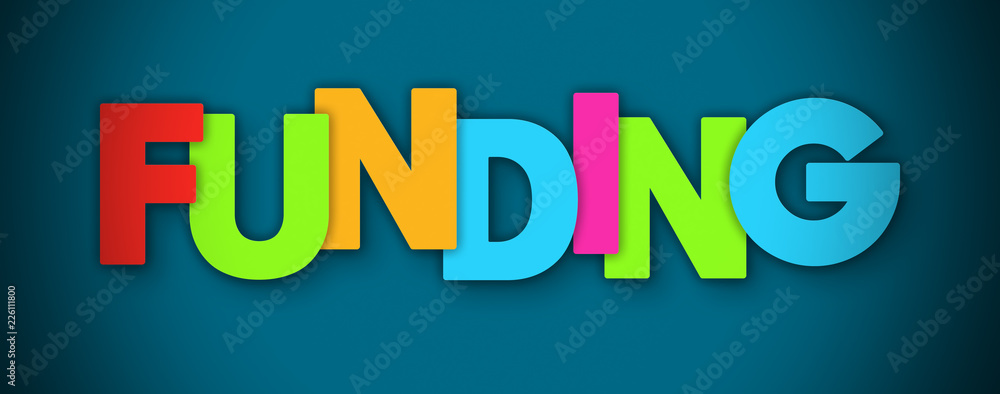 Funding - overlapping multicolor letters written on blue background