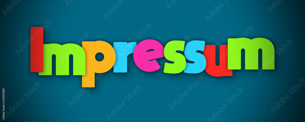 Impressum - overlapping multicolor letters written on blue background Impressum - overlapping multicolor letters written on blue background