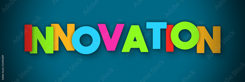 Innovation - overlapping multicolor letters written on blue background Innovation - overlapping multicolor letters written on blue background