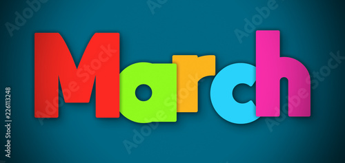 March - overlapping multicolor letters written on blue background