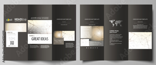 Tri-fold brochure business templates on both sides. Abstract vector layout in flat design. Technology, science, medical concept. Golden dots and lines, cybernetic digital style. Lines plexus.