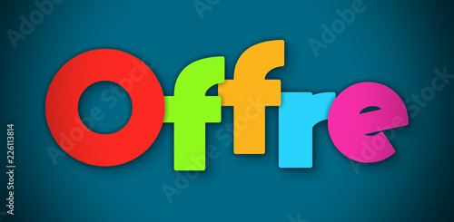 Offre - overlapping multicolor letters written on blue background