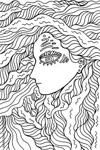Fantastic shaman girl - doodle coloring page for adults. Mystical surreal artwork. Vector illustration