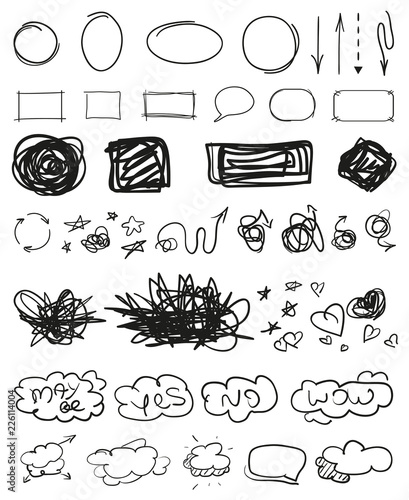 Grunge signs. Infographic elements on isolated background. Big set on white. Hand drawn simple tangled symbols. Doodles for design. Line art. Abstract circles, ovals and rectangle frames