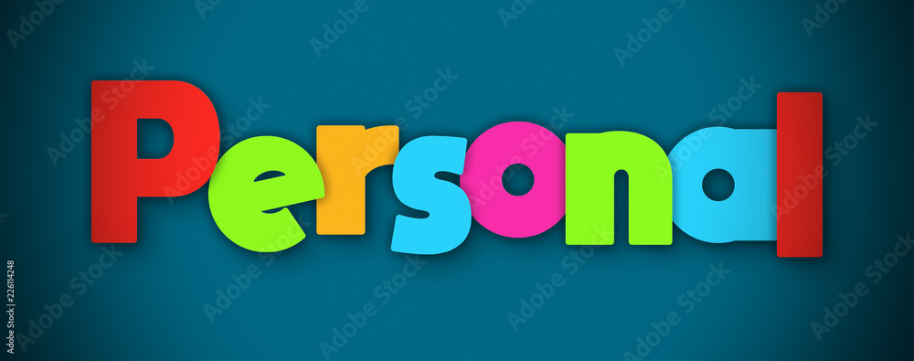 Personal - overlapping multicolor letters written on blue background Personal - overlapping multicolor letters written on blue background