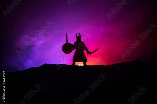 Fighter with a sword silhouette a sky. Medieval knight with sword. Selective focus