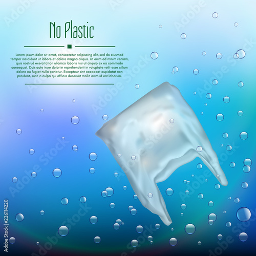 3D realistic plastic bag that pollutes the ocean. Bubbles in the water with the waste.