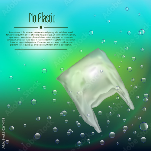 3D realistic plastic bag that pollutes the ocean. Bubbles in the water with the waste.
