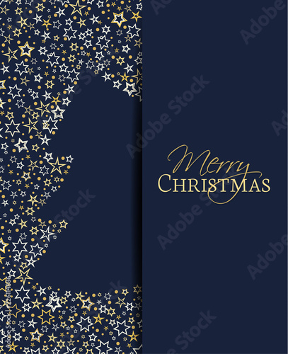 Vector illustration of a Christmas background. Christmas tree made of stars. Happy Christmas greeting card.