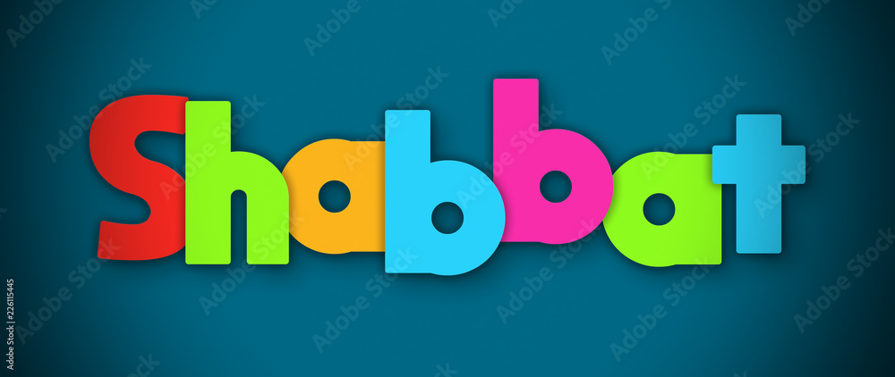 Shabbat - overlapping multicolor letters written on blue background