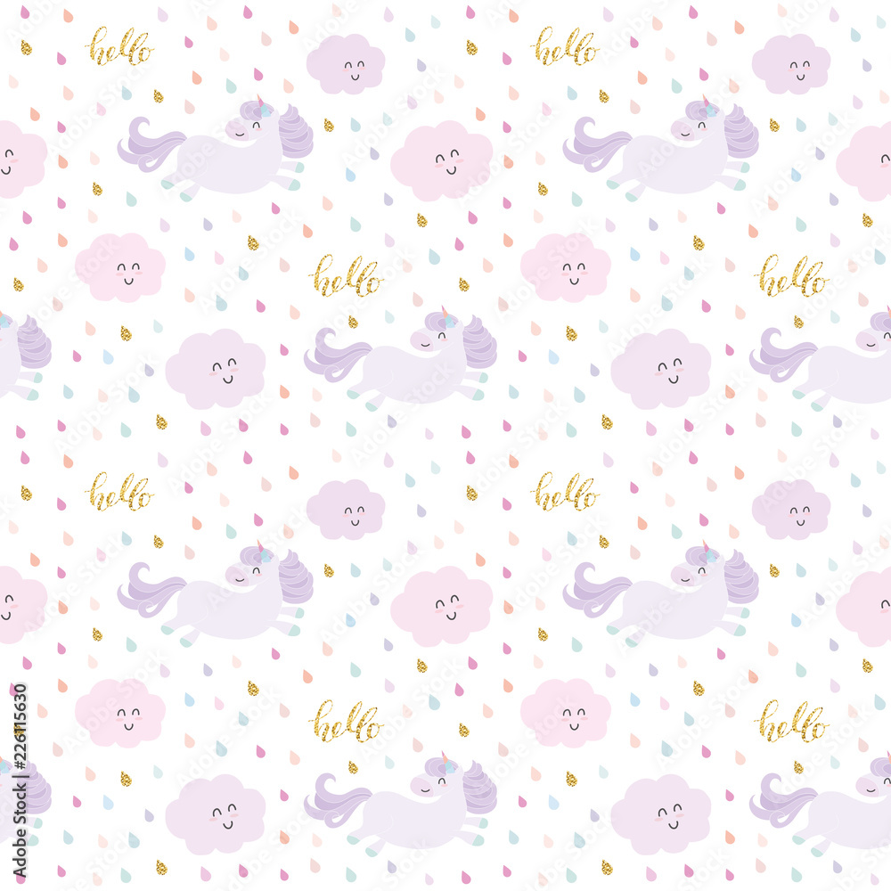 Cute unicorn pattern background with cartoon clouds and rain drops. Pastel purple and glitter. For print and web. Cute unicorn pattern background with cartoon clouds and rain drops. Pastel purple and glitter. For print and web.