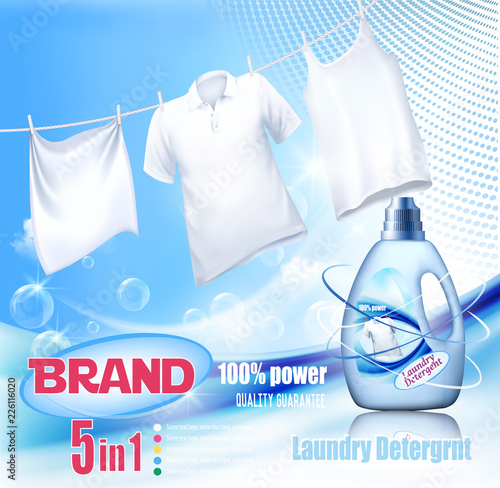 Laundry detergent ad. Washing White clothes hanging on rope and plastic bottle. Design template. Vector