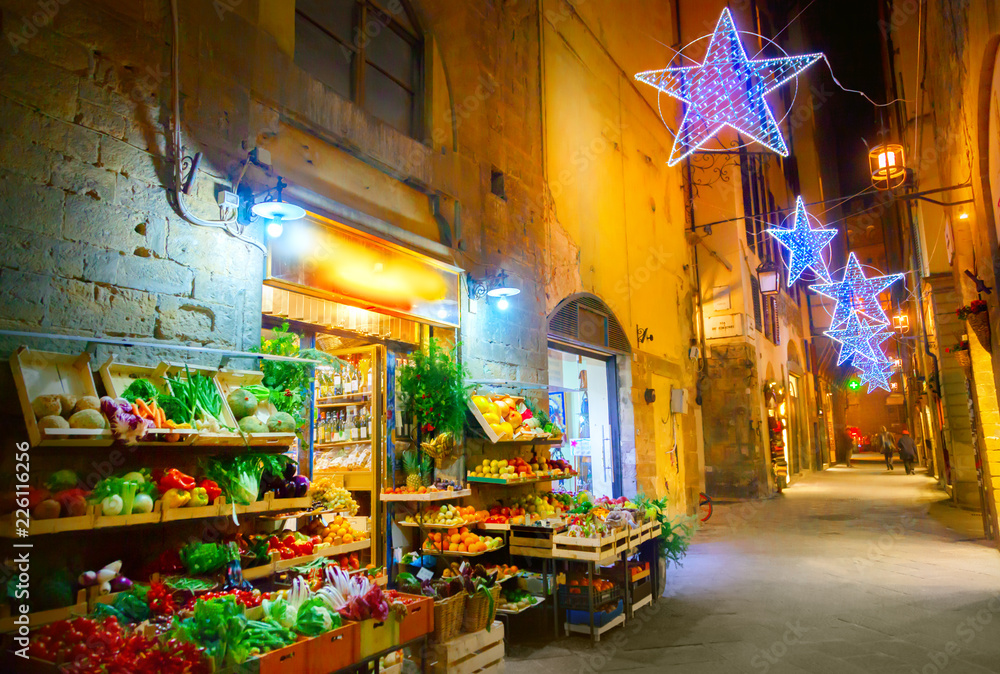 Illuminated Christmas street in Florence