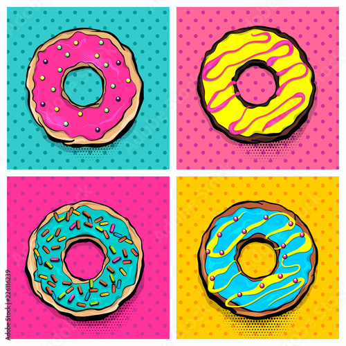 Set doughnut sweet food, donut cartoon pop art style. Vector colored illustration halftone pattern. Vintage retro design. Collection comic book bakery glazed crumpet poster. photo