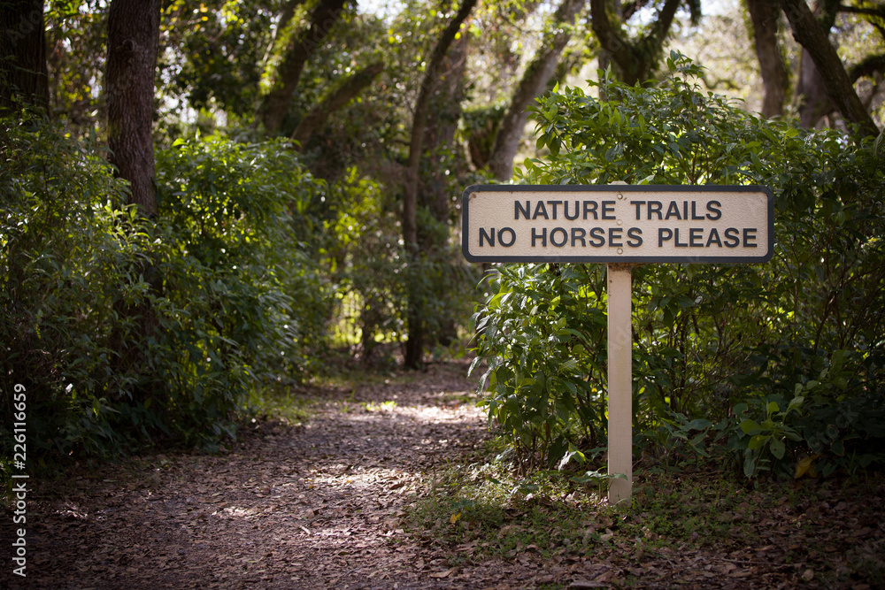Nature trail in the rainforest. Sign with a signature in the forest on horseback entry is prohibited