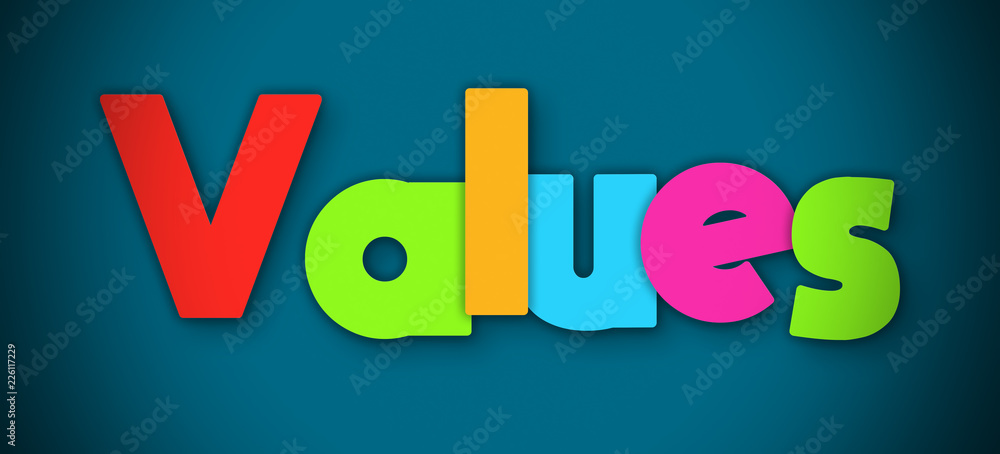 Values - overlapping multicolor letters written on blue background Values - overlapping multicolor letters written on blue background