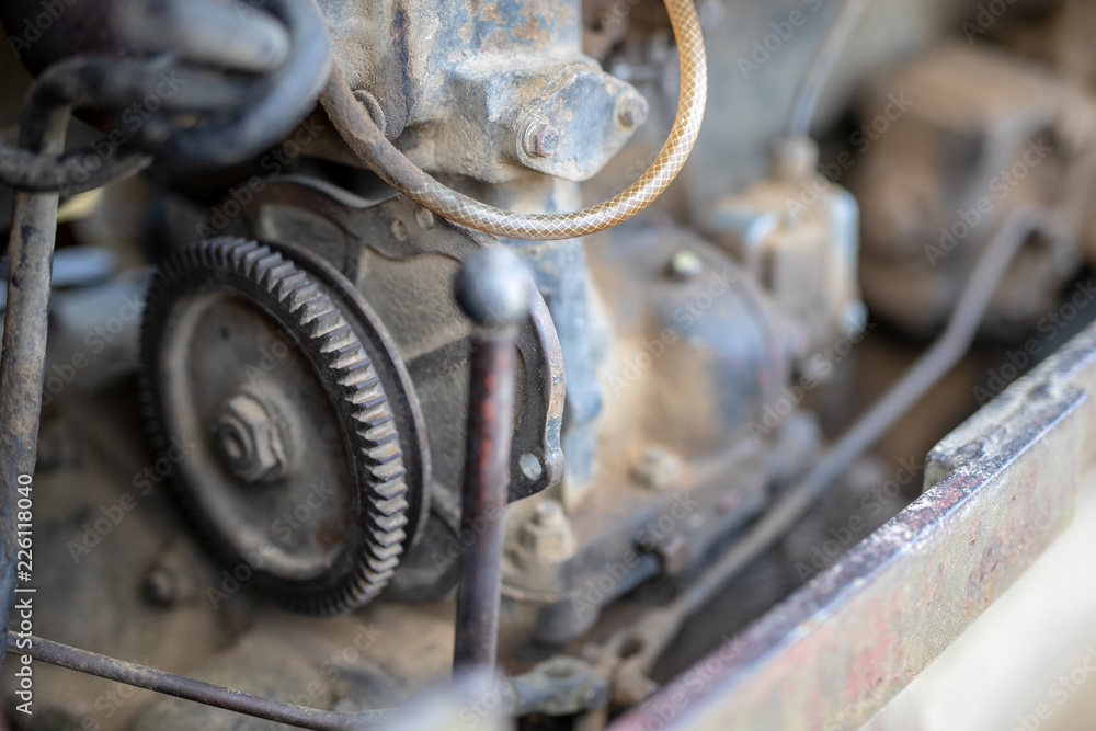 Old diesel engine. The interior of an unused engine.