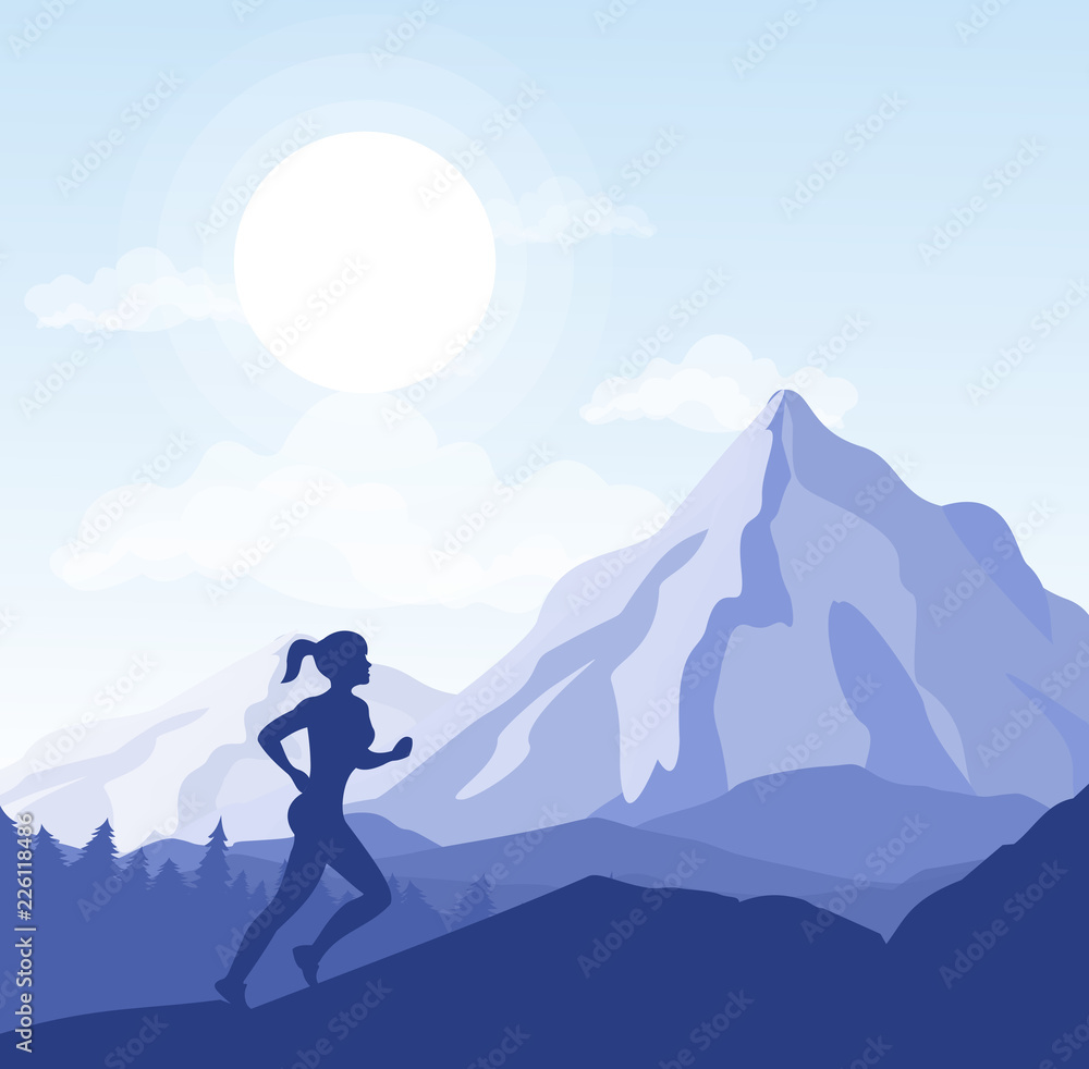 Vector illustration of young woman running in the mountains. Sport, health life concept, girl silhouette going to the top. Woman jogging, flat style.