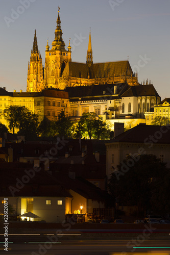 Photography Prague gothic Castle with the Lesser Town above River Vltava in the Night, Czech