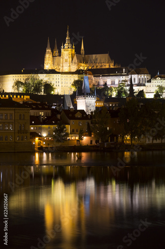 Prague gothic Castle with the Lesser Town above River Vltava in the Night  Czech Republic