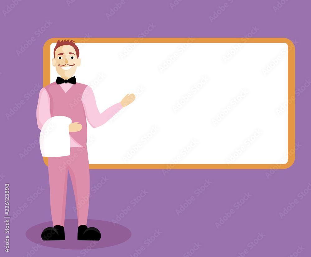 Flat design business Vector Illustration concept copy text for esp Web banners promotional material mock up template. Male Waiter Smiling Standing in Uniform Hand Presenting Blank Menu Board Flat design business Vector Illustration concept copy text for esp Web banners promotional material mock up template. Male Waiter Smiling Standing in Uniform Hand Presenting Blank Menu Board