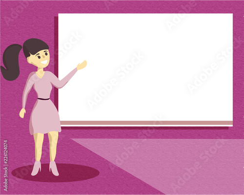 Flat design business Vector Illustration Empty template esp isolated Minimalist graphic layout template for advertising. Woman Standing Talking Hand Presenting Audio Visual Blank Projector Screen