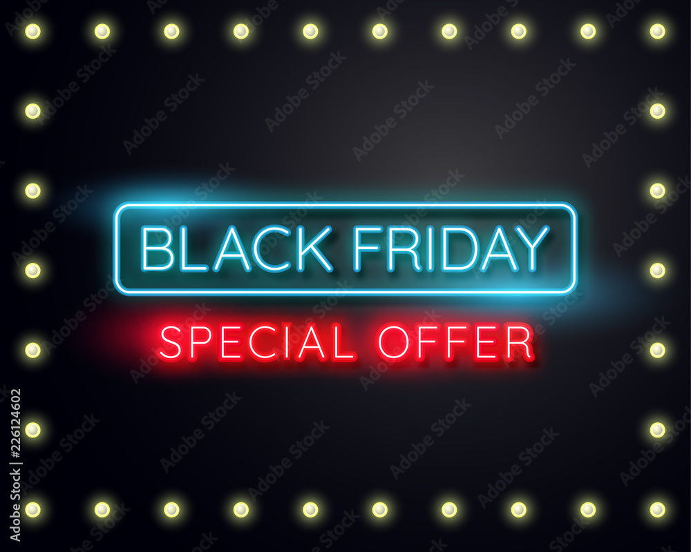 Black friday neon light banner.used for shop, online shop, promotion and advertising. vector illustration.