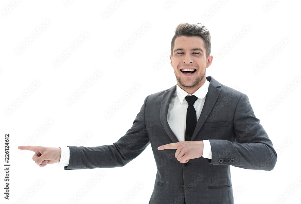 Smiling business man which pointing away and looking at camera. Smiling business man which pointing away and looking at camera.