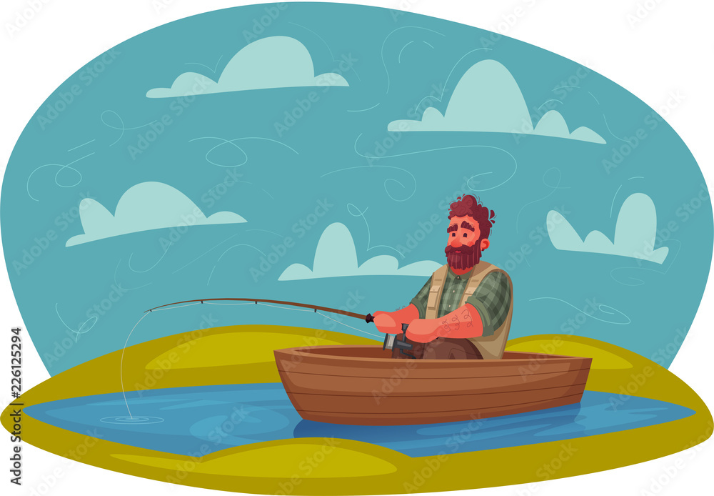Fisherman with fishing rod. Cartoon vector illustration.