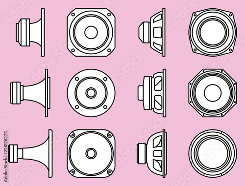 Set of speaker driver icons. Subwoofer, horn and tweeter. Vector thin line