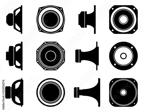 Set of speaker driver icons. Subwoofer, horn and tweeter. Silhouette vector photo