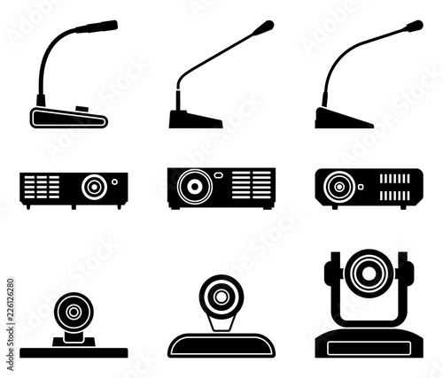 Conference equipment icon set. Microphone, projector and camera. Silhouette vector