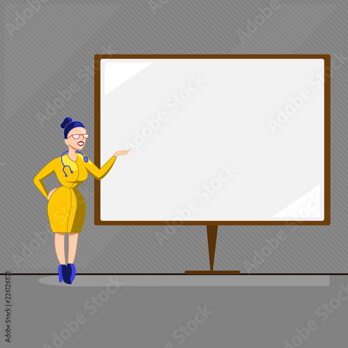 Flat design business Vector Illustration concept Empty template copy space Posters coupons promotional material. Female Doctor with Stethoscope Standing Hand Presenting Blank Whiteboard