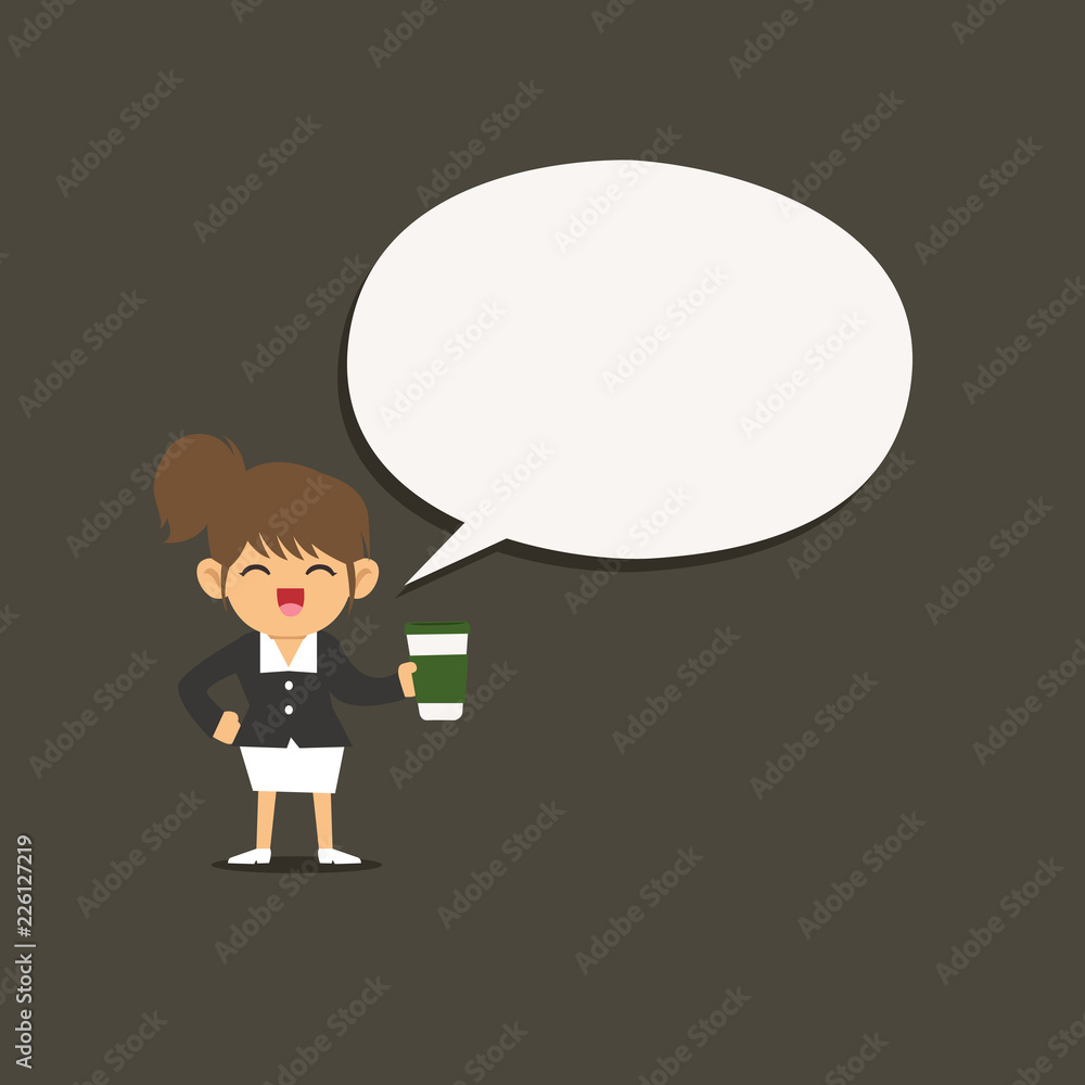 Flat design business Vector Illustration Empty template Layout for invitation greeting card promotion poster voucher. Female Human Wearing Uniform Holding a coffee To Go Cup and Speech Bubble Flat design business Vector Illustration Empty template Layout for invitation greeting card promotion poster voucher. Female Human Wearing Uniform Holding a coffee To Go Cup and Speech Bubble