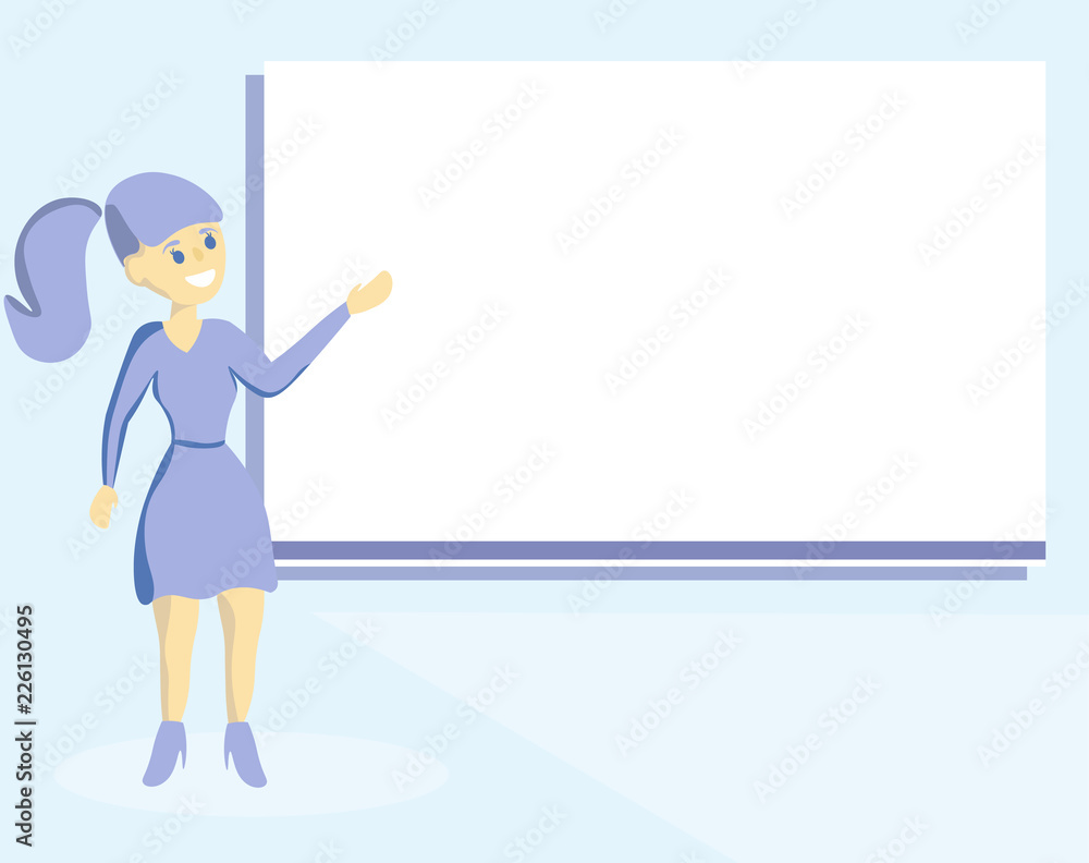 Flat design business Vector Illustration concept template copy space text for Ad website esp isolated 3d isometric. Woman Standing Talking Hand Presenting Audio Visual Blank Projector Screen Flat design business Vector Illustration concept template copy space text for Ad website esp isolated 3d isometric. Woman Standing Talking Hand Presenting Audio Visual Blank Projector Screen