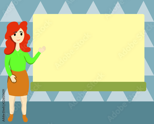 Flat design business Vector Illustration Empty template esp isolated Minimalist graphic layout template for advertising. Female Human Standing Hand Presenting Rectangular Blank Whiteboard