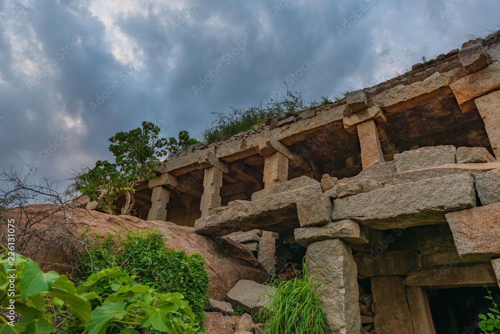 Stone structure in ruins atop Malyavanta Hill in Hampi India
