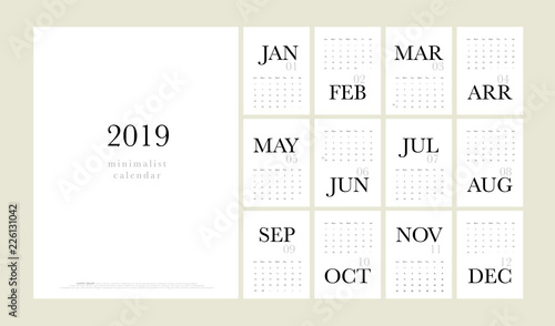 Calendar 2019 Trendy Minimalist Style. Set of 12 pages desk. minimal calendar planing black and white vector design for printing template