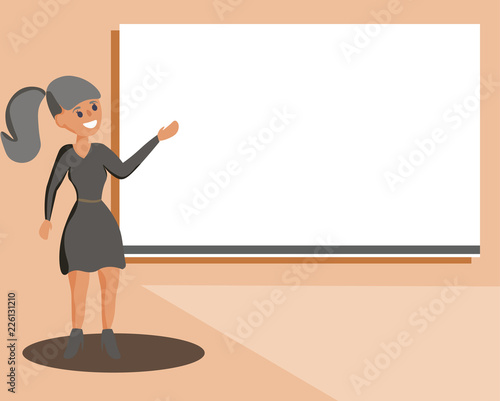 Flat design business Vector Illustration Empty template Layout for invitation greeting card promotion poster voucher. Woman Standing Talking Hand Presenting Audio Visual Blank Projector Screen