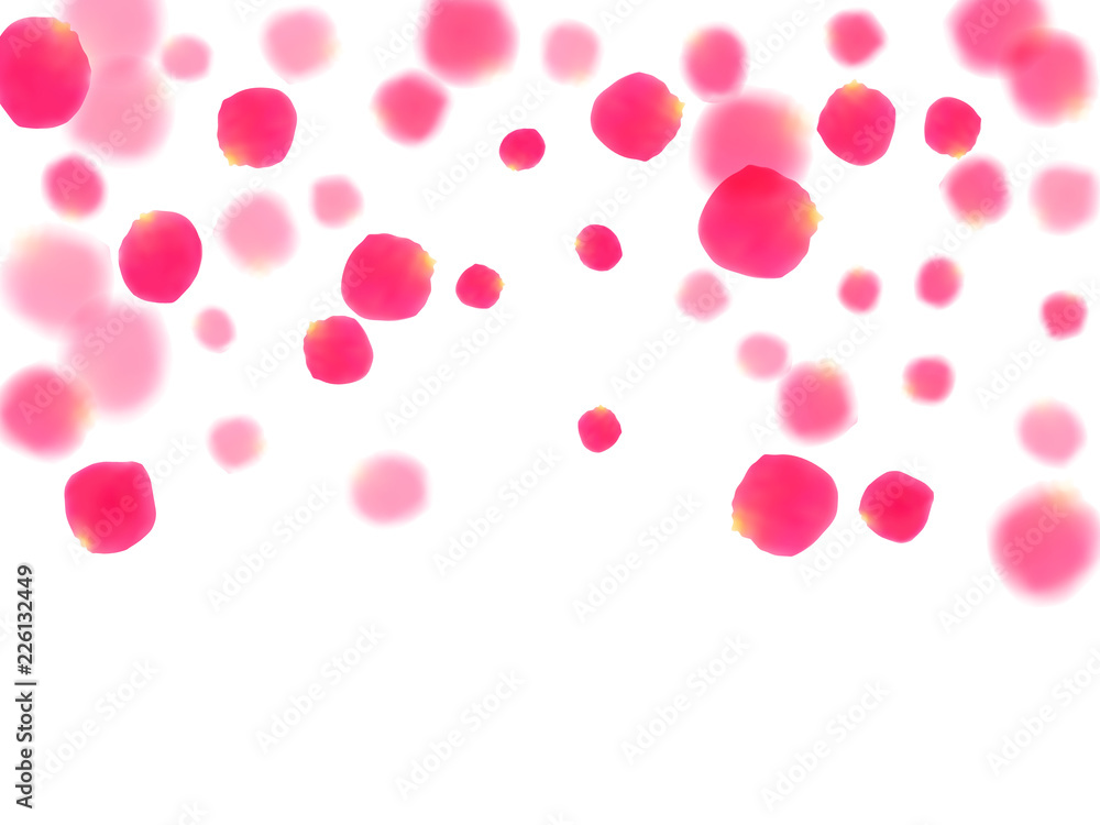 Pink rose petals falling vector valentine background. Light showering flower blossom parts vector. Crimson rose red pink petals spa background. Valentine or natural cosmetics design.