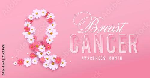 Breast cancer awareness pink ribbon and spring poster background,vector illustration