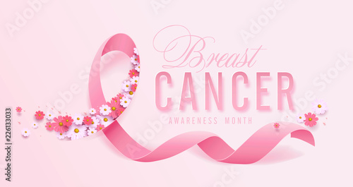 Breast cancer october awareness month pink ribbon and spring poster background,vector illustration