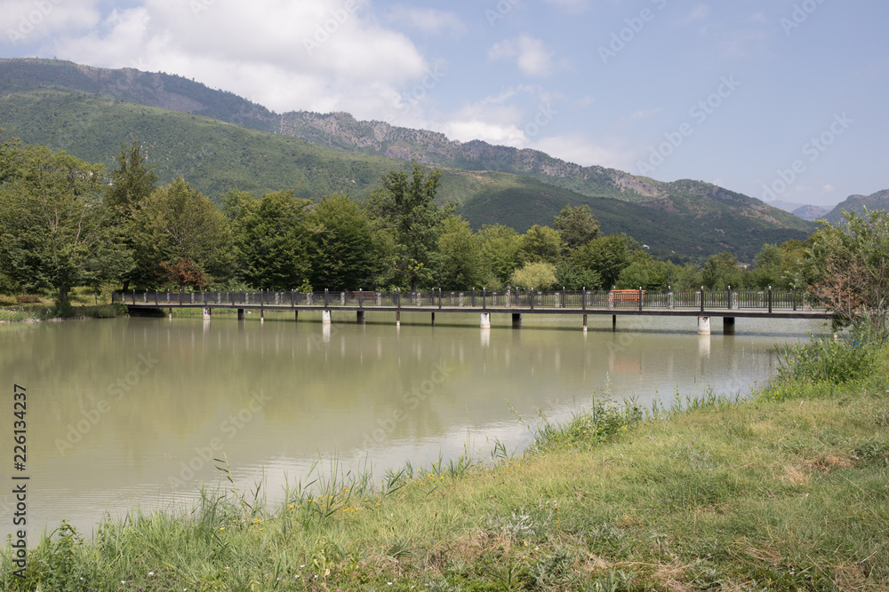 Fototapeta premium Landscape with misty morning fog in the Forest Lake or Beautiful forest lake in the morning at winter time. Azerbaijan nature. Caucasus.